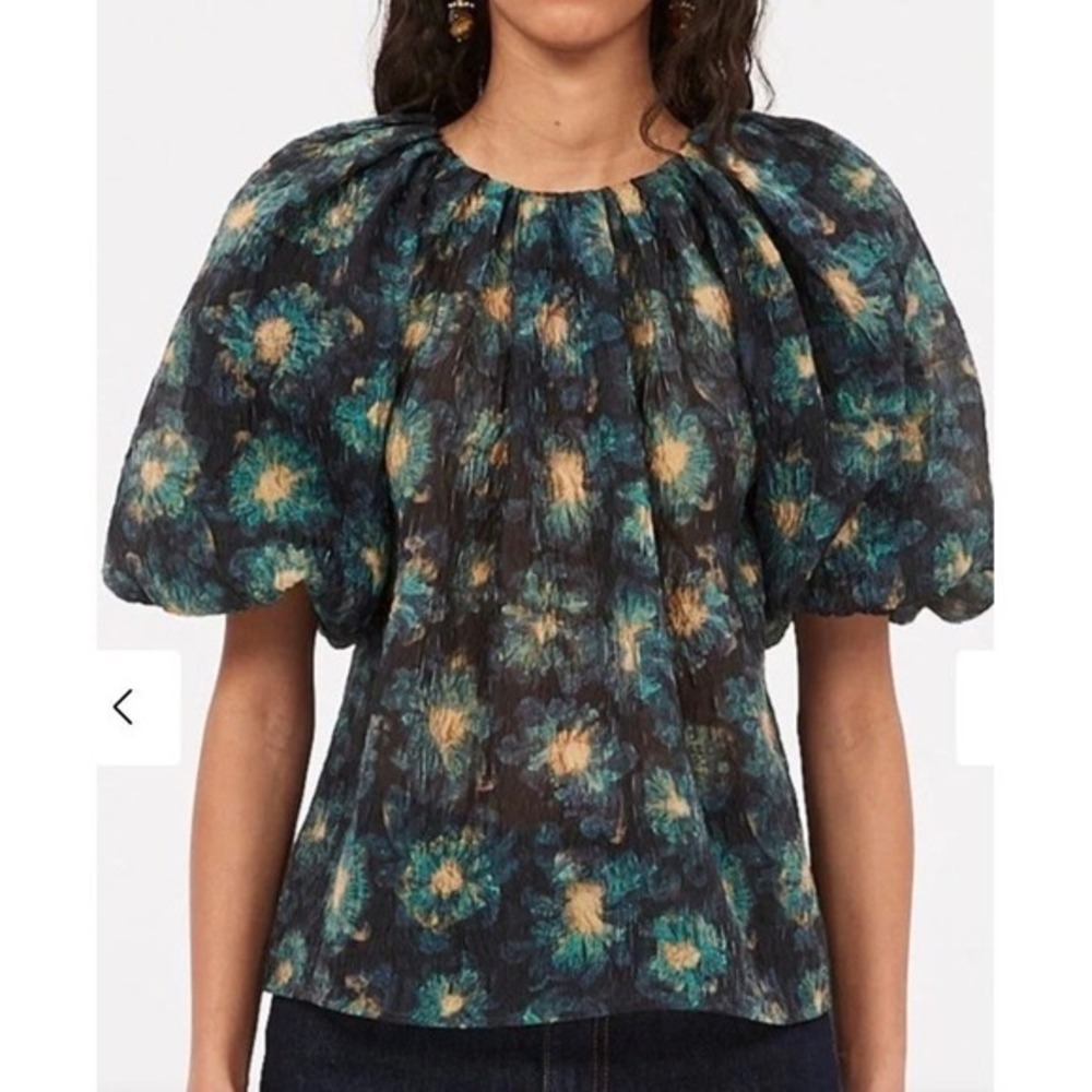 ULLA JOHNSON Marsellie Blouse Lazuli Black Green Relaxed Balloon 2 Career Casual
